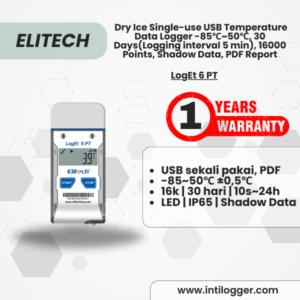 Elitech Alat Perekam Data LogEt 6 PT Dry Ice Data Logger Suhu Sekali Pakai, USB, Rentang -85℃~50℃, Durasi 30 Hari, 16.000 Titik, Shadow Data, Laporan PDF