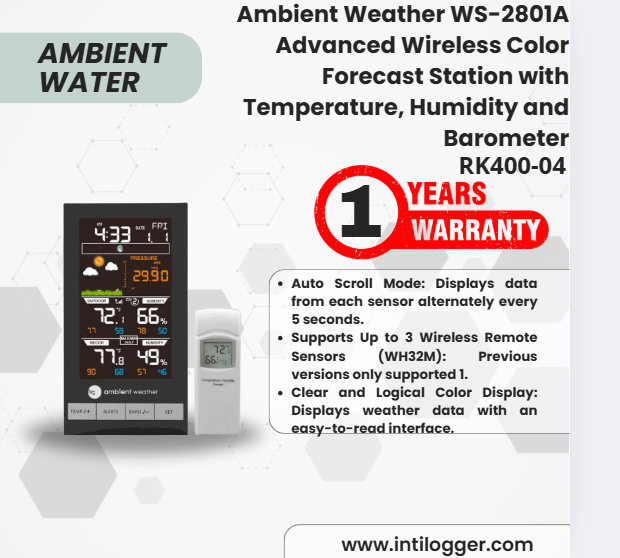 Alat Perekam Data Cuaca Ambient Weather WS-2801A Advanced Wireless Color Forecast Station with Temperature, Humidity and Barometer