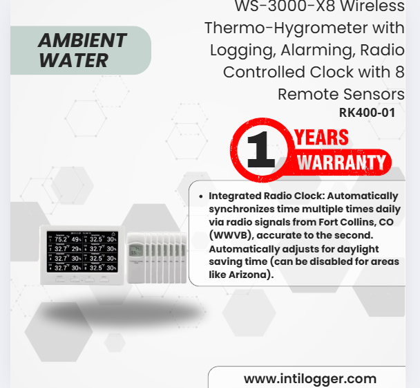 Ambient Weather Alat Perekam Data Cuaca WS-3000-X8 Wireless Thermo-Hygrometer with Logging, Alarming, Radio Controlled Clock with 8 Remote Sensors