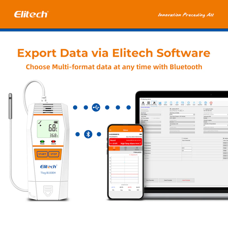 Elitech Alat Perekam Data Tlog B100EH Data Logger Suhu & Kelembapan Wireless Reusable dengan Sensor Eksternal, Laporan PDF, 32.000 Titik - Gambar 2