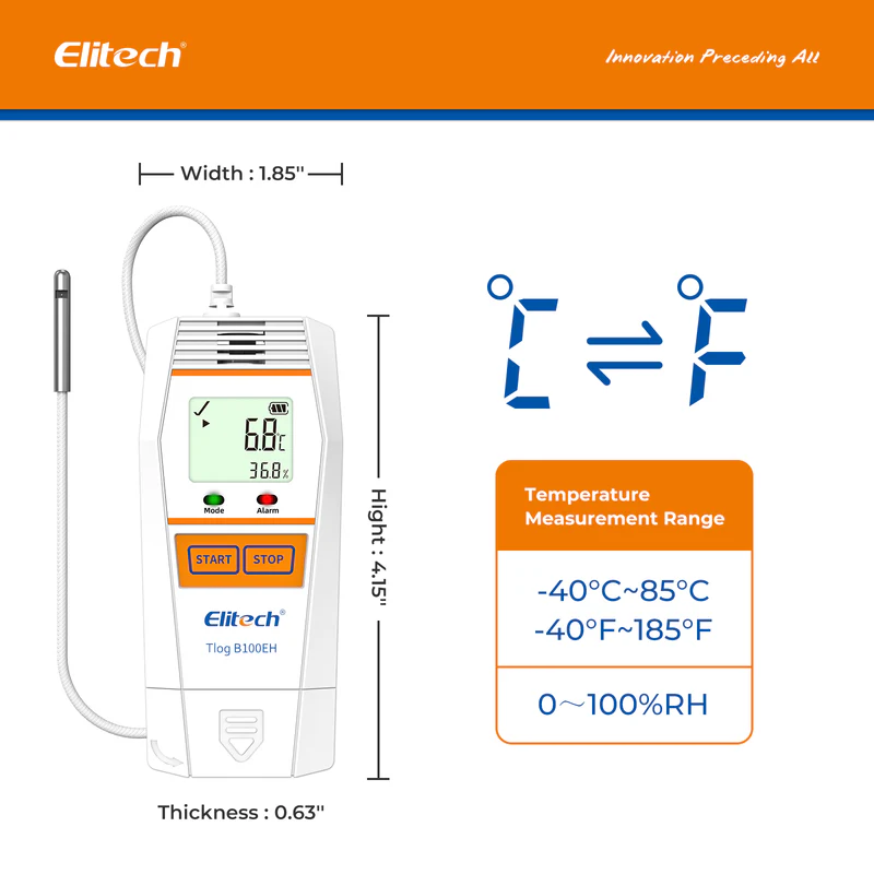 Elitech Alat Perekam Data Tlog B100EH Data Logger Suhu & Kelembapan Wireless Reusable dengan Sensor Eksternal, Laporan PDF, 32.000 Titik - Gambar 3