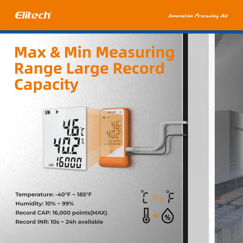 Elitech Alat Perekam Data GSP-6 Data Logger Suhu & Kelembapan Digital dengan Sensor Ganda Lepas-Pasang, Rentang -40℉ hingga 158℉, Akurasi ±0.6℉, Alarm Suara, Sertifikat Kalibrasi, Tampilan Nilai Max/Min - Gambar 3