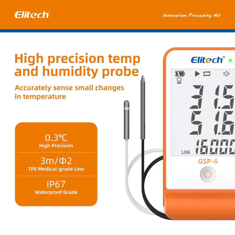 Elitech Alat Perekam Data GSP-6 Data Logger Suhu & Kelembapan Digital dengan Sensor Ganda Lepas-Pasang, Rentang -40℉ hingga 158℉, Akurasi ±0.6℉, Alarm Suara, Sertifikat Kalibrasi, Tampilan Nilai Max/Min - Gambar 2