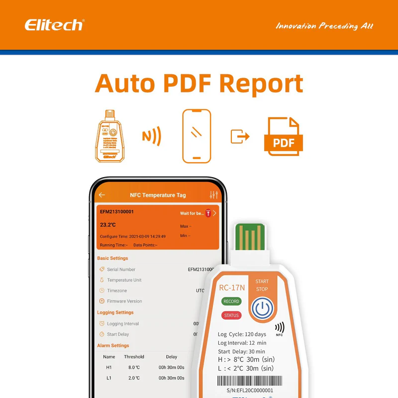Elitech Alat Perekam Data RC-17N data logger suhu sekali pakai. USB & NFC, hingga 120 hari, 16.000 data, laporan PDF otomatis, rentang -30℃~70℃ untuk transportasi. - Gambar 12