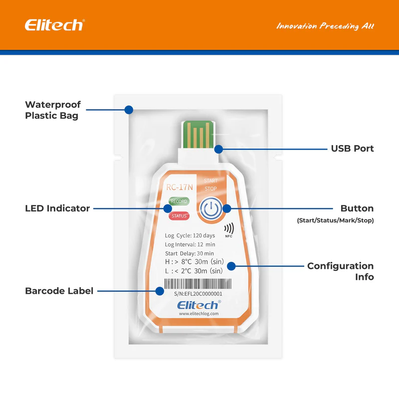 Elitech Alat Perekam Data RC-17N data logger suhu sekali pakai. USB & NFC, hingga 120 hari, 16.000 data, laporan PDF otomatis, rentang -30℃~70℃ untuk transportasi. - Gambar 8