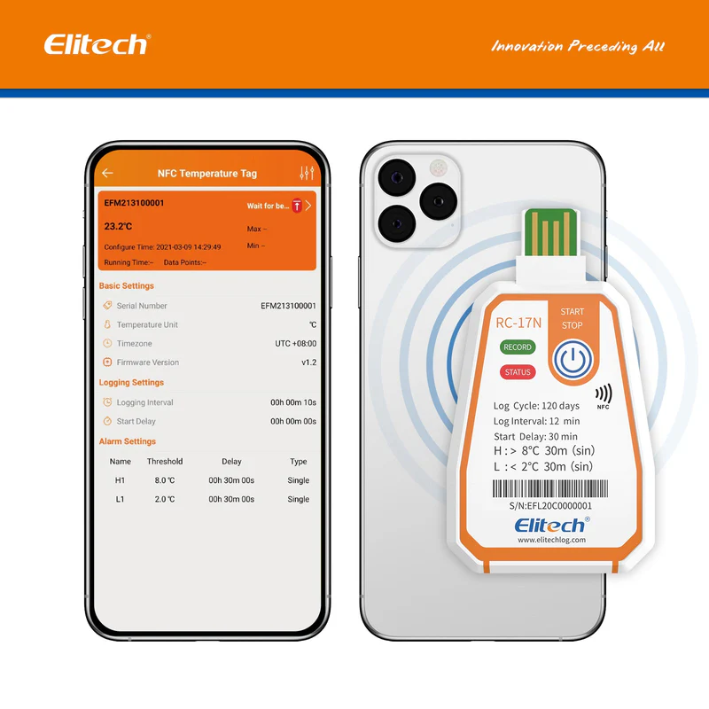 Elitech Alat Perekam Data RC-17N data logger suhu sekali pakai. USB & NFC, hingga 120 hari, 16.000 data, laporan PDF otomatis, rentang -30℃~70℃ untuk transportasi. - Gambar 2