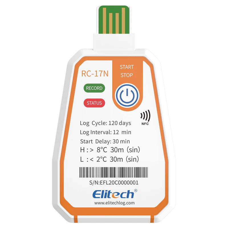 Elitech Alat Perekam Data RC-17N data logger suhu sekali pakai. USB & NFC, hingga 120 hari, 16.000 data, laporan PDF otomatis, rentang -30℃~70℃ untuk transportasi. - Gambar 5