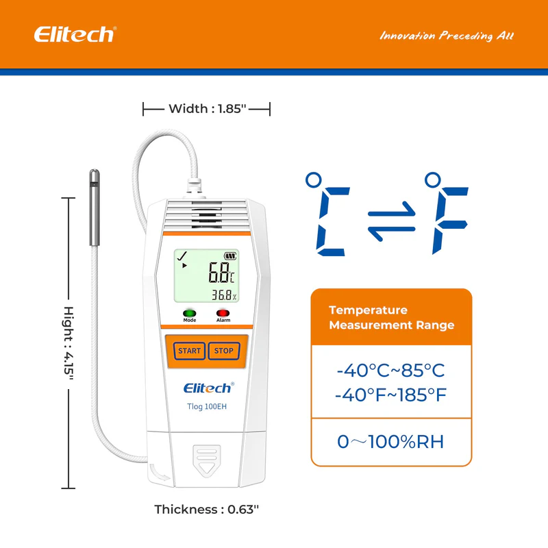 Elitech Alat Perekam Data Tlog 100EH Data Logger Suhu & Kelembapan Reusable -40°F hingga 185°F - Gambar 3
