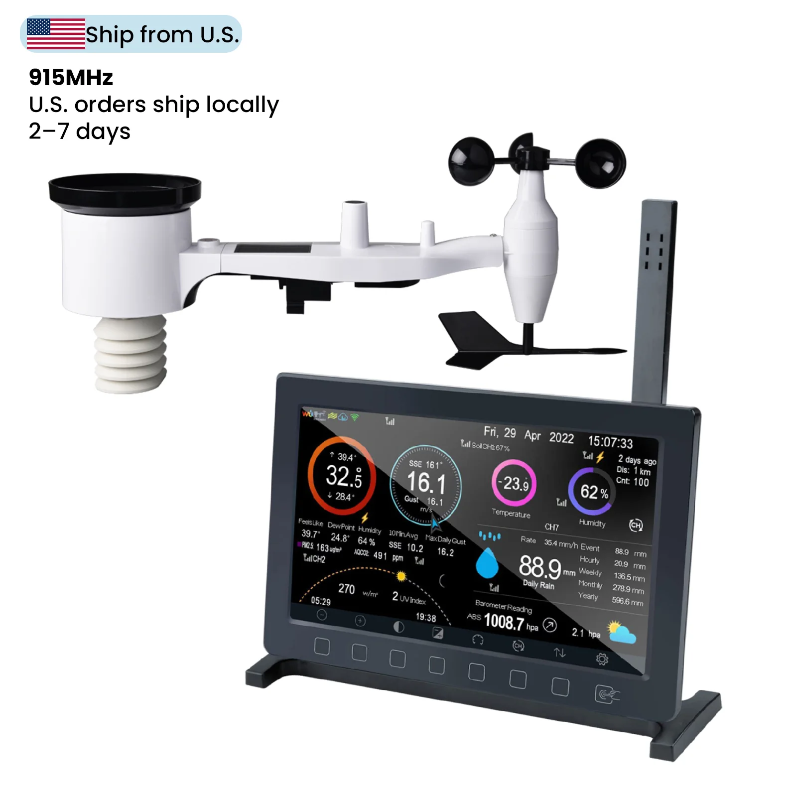 HP2561 Wi-Fi Weather Station TFT Colour Display Touch Button with Solar Powered 7-in-1 Outdoor Sensor Array - Gambar 2