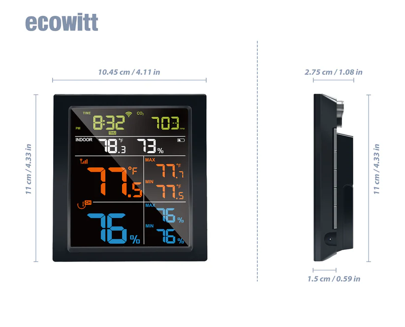WN1821 IOT Wi-Fi Weather Station, 4.9" LCD Display with Built-in CO₂ Detector and WN31(WH31) Multi-Channel Temperature/Humidity Sensor - Gambar 3